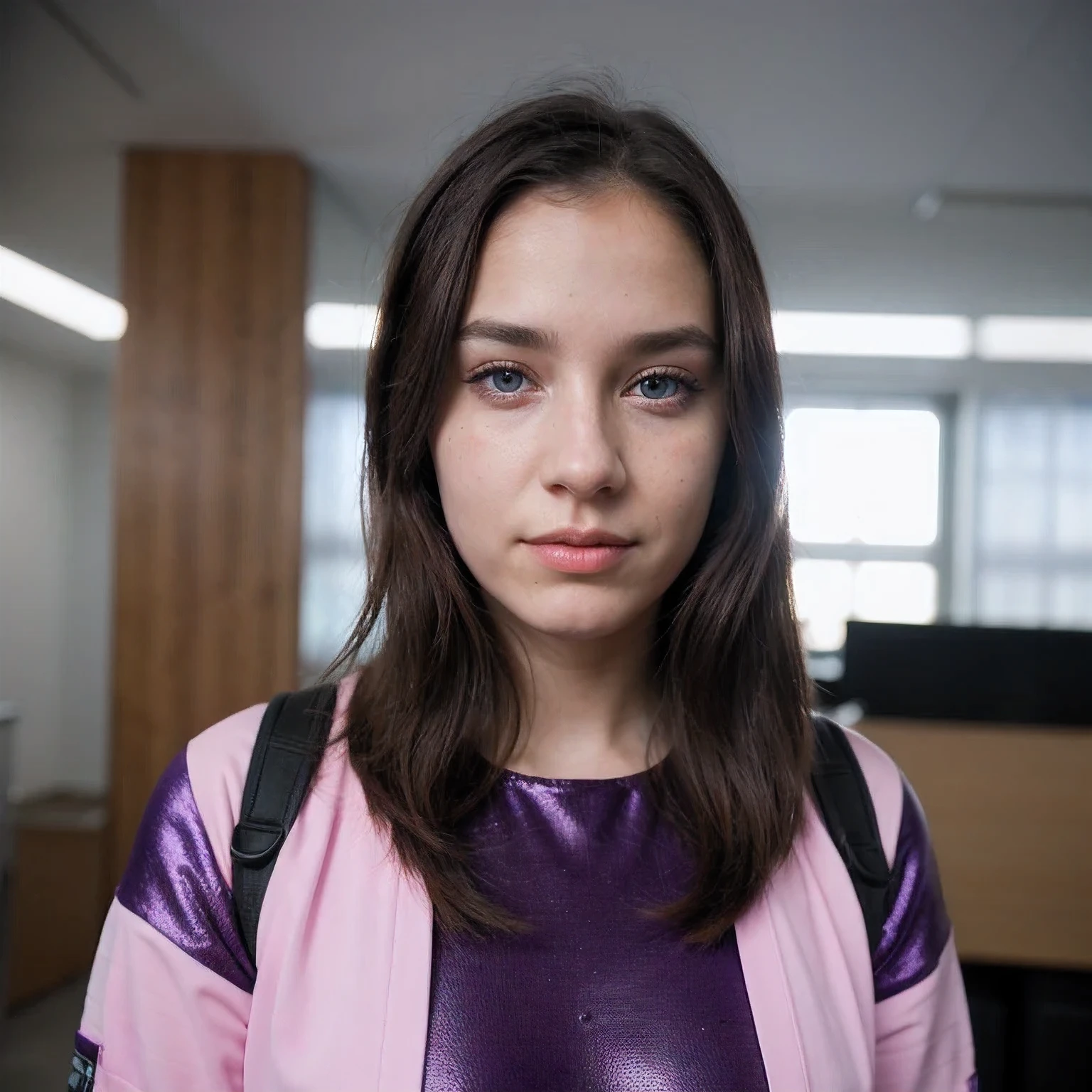 photo of a college student, in Purple Pink, futuristic space suit, (freckles:0.8) cute face, sci-fi, dystopian, detailed eyes, Heterochromia eyes（（watercolor））