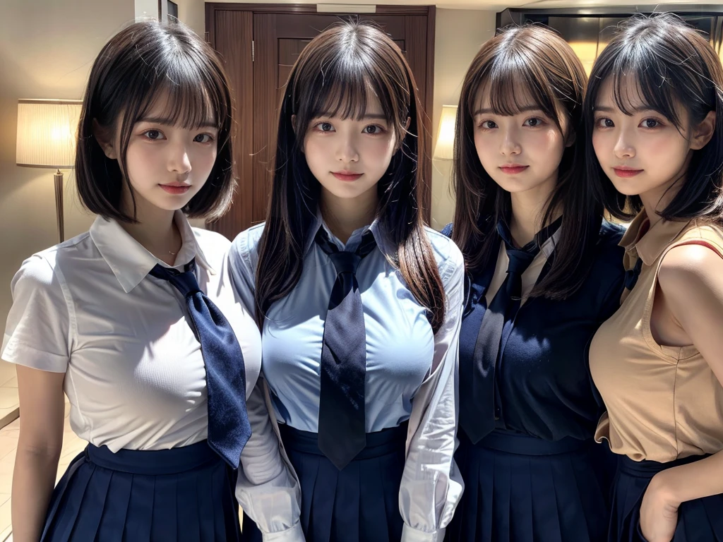 (8K, Raw photography, top-quality, masterpiece:1.2), ((3 beatiful girls))、.(Realistic Skins 1.4)、(((female high-school student、School Uniforms、)))、{{(The background is a luxury hotel room}}((School Uniforms、white Cutter shirt、darkblue pleatedskirt))、((long hair))、((One has short hair)),(A dark-haired、The forehead is hidden by bangs、)、Black eyes、shinny skin.Beautiful delicate face、Beautiful delicate eyes、{Voluptuous body shape、Thicker thighs}、One piercing in each ear,((large breasts)), ((navy blue tie)) ,looking at camera, ((close up))