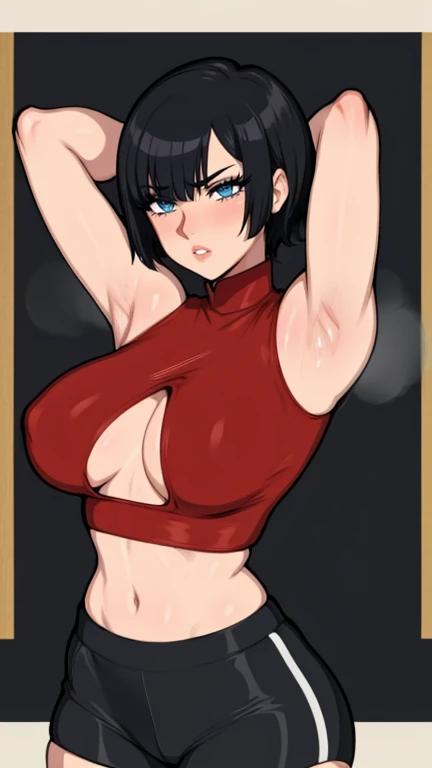 gym background、Super detailed illustrations、horny expression、masterpiece、highest quality、ultra high resolution、high resolution、(Sweat、body fluid)、shiny skin、black hair、very short hair、red eyes、black croptop turtleneck、sleeveless、Standing picture、hot pants、put hands behind head, armpits, armpits visible, large breasts, no bra, red lipstick