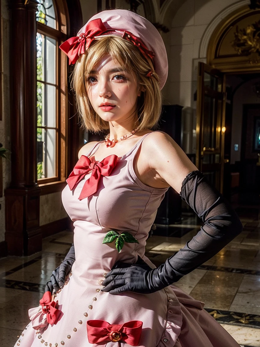 (1 lady), The beautiful, (Best quality at best:1.4), (ultra - detailed), (extremely detailed CG unified 16k), gold blonde hair, very detailed, High-definition RAW color photo, professional photoshooting, amazing face and eyes, cosmetics, (amazingly beautiful girl), ((lambdadelta, tall woman, taller)), ((dress, red bow, pink hat, necklace, gloves, pearl, pink dress)), standing, realistic cinematic face, photo portrait, upper body (shoulders to head), photorealistic, ((realistic natural blonde hair style, red eyes)), gorgeous, extremely beautiful face, perfect model beauty, pout mouth, flirting smile, cleavages, city girl, western, (masterpiece), best quality, high resolution, extremely detailed, blurred background, depth of field, cinematic lighting, clear and well-cared skin