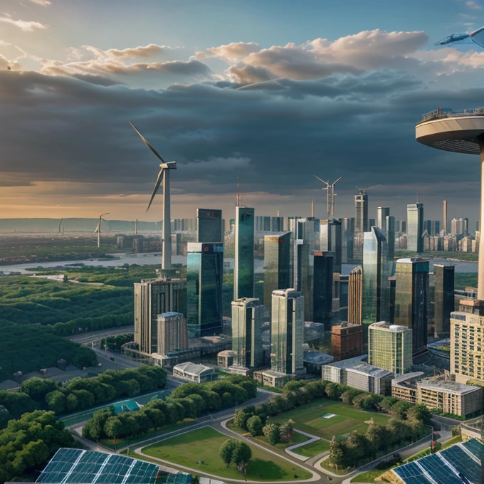 create a futuristic city skyline with green buildings, renewable energy sources like solar panels, wind turbines, and smart technology integrated throughout the city to showcase e-governance in action. Also include green spaces such as parks and gardens, electric vehicles, and smart waste management systems to emphasize sustainability.