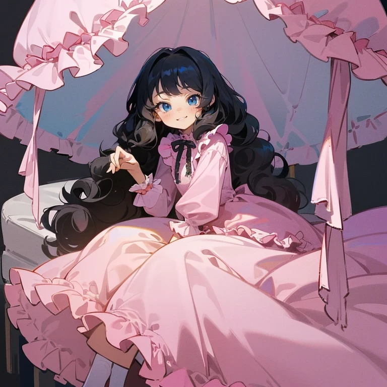 highest quality, masterpiece, highest resolution, artwork, super それにget used to it, many get used to it, get used to it, それにget used to it,(young face),(cute little face),(pretty girl),(),((white skin)),((black hair)),((blue eyes)),the girl is a princess,((girly dark pink satin fabric)), ((Victorian ball gown princess dress with plenty of pink ruffles and bows and a voluminous full-length hoop skirt.)),long sleeve,long dress,A dress with lots of frills and ribbons...,luxury, ((Palace bedroom)), ((Huge luxury victorian canopy king size pink bed)), lots of frilly pillows,ruffle bed skirt,sitting on the bed,Super high quality beautiful girl,high quality dresses,high quality bed,super detailed background, arm details,finger details,(unity 8k wallpaper),The entire bed is reflected, ((Curly hair)), ((Sassy smile)), (long black hair)