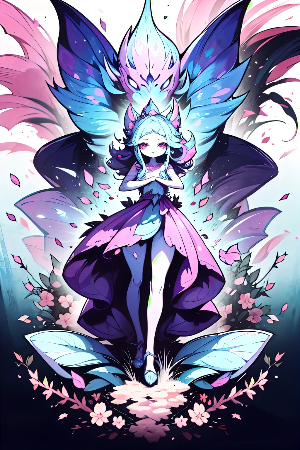An RPG Maker style asset monster, taking the form of a blooming lilac flower, stands tall in a full-body pose. The flower monster exhibits vivid lilac tones, its petals elegantly arranged like a beautiful blossom. From the front view, it assumes an attack stance, preparing to unleash its floral fury. Its eyes gleam with a fierce look, as if ready to pounce with its petals transformed into sharp thorns. In this stance, the monster's right petal is raised high, while its left petal is curled, ready to strike from various angles. The overall appearance is intimidating, but the lilac tones add a