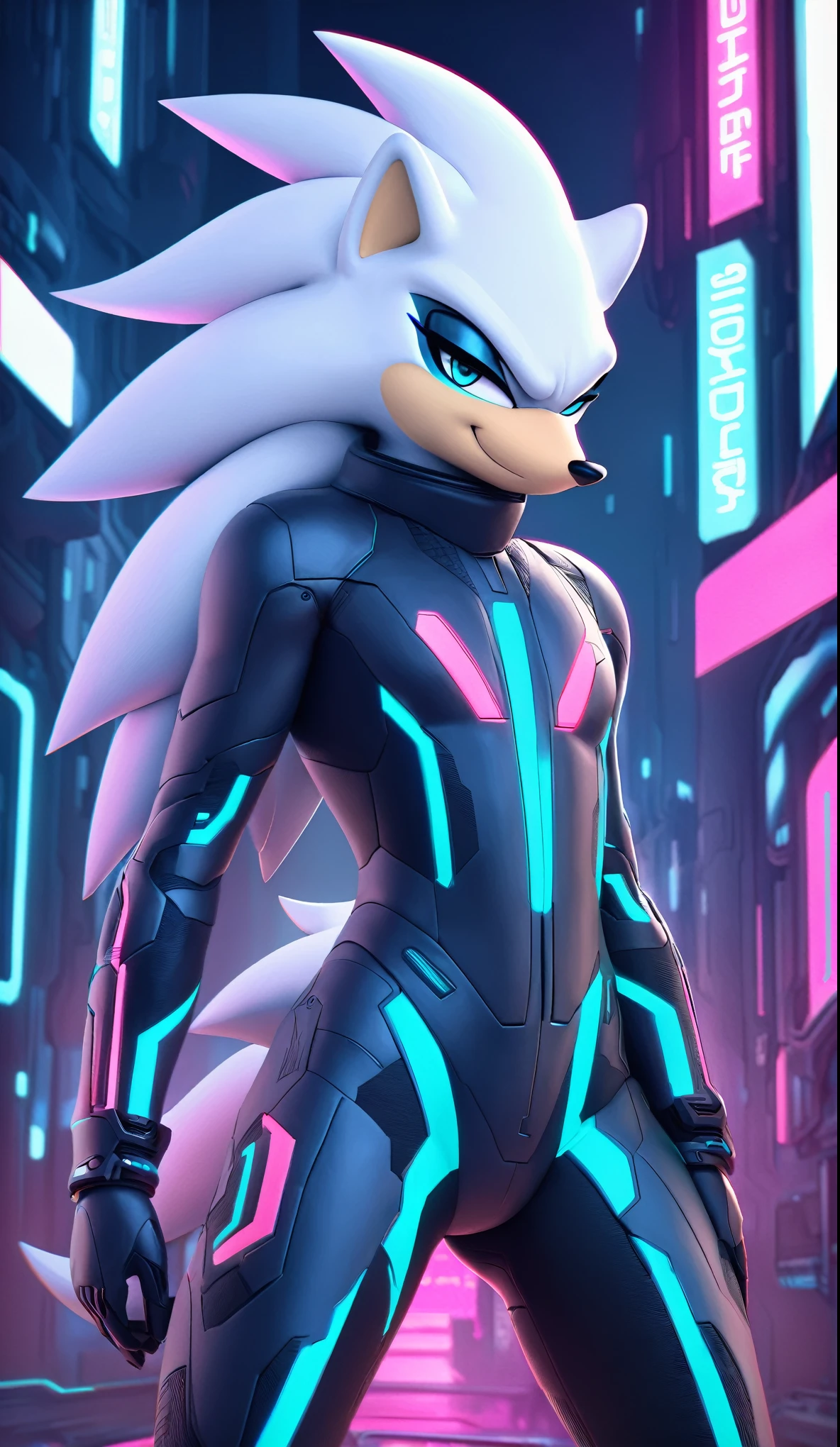 (((masterpiece:1.5, 4K, 8K))), a full body high quality digitally drawn rendered image ((by SEGA)) of A solo male anthro ((silver—white hedgehog)), with glowing blue eyes, ((metallic blue eyeliner:1.5)), (((tan muzzle))), wearing a (((sci-fi bodysuit))) stands in a neon-lit cyberpunk city The android's bodysuit is adorned with (((teal coloring:1.5))) with (((neon pink accents))), and intricate android seams, creating a futuristic look. the android has a seductive smirk on his face