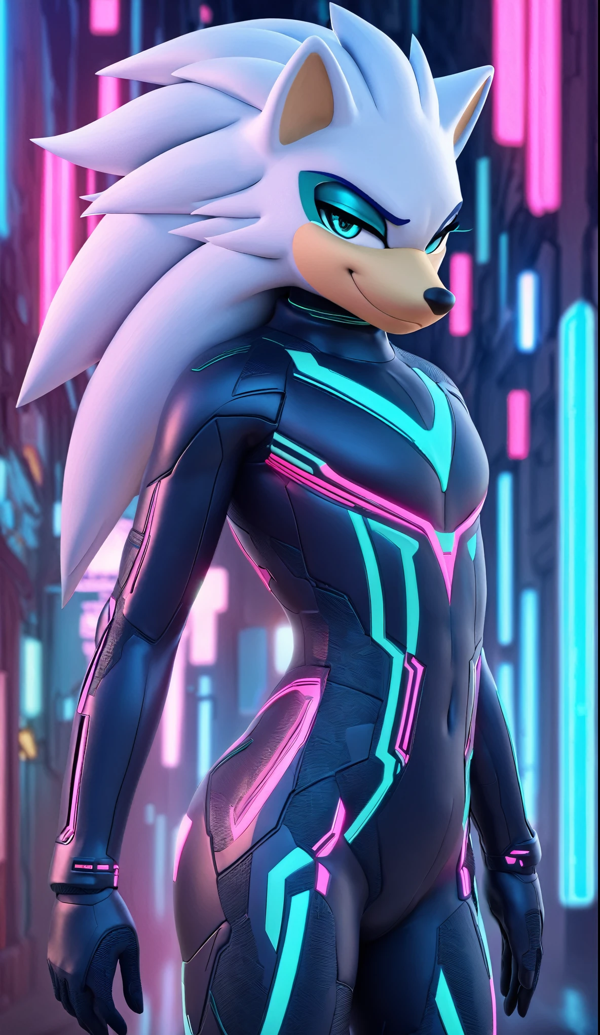 (((masterpiece:1.5, 4K, 8K))), a full body high quality digitally drawn rendered image ((by SEGA)) of A solo male anthro ((silver—white hedgehog)), with glowing blue eyes, ((metallic blue eyeliner:1.5)), (((tan muzzle))), wearing a (((sci-fi bodysuit))) stands in a neon-lit cyberpunk city The android's bodysuit is adorned with (((teal coloring:1.5))) with (((neon pink accents))), and intricate android seams, creating a futuristic look. the android has a seductive smirk on his face