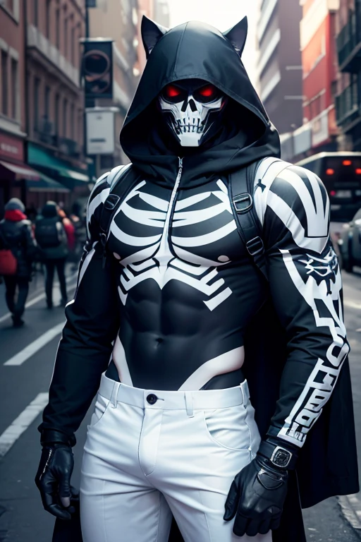 The exo-skeleton mask, fashion model, vibrant vibe, age