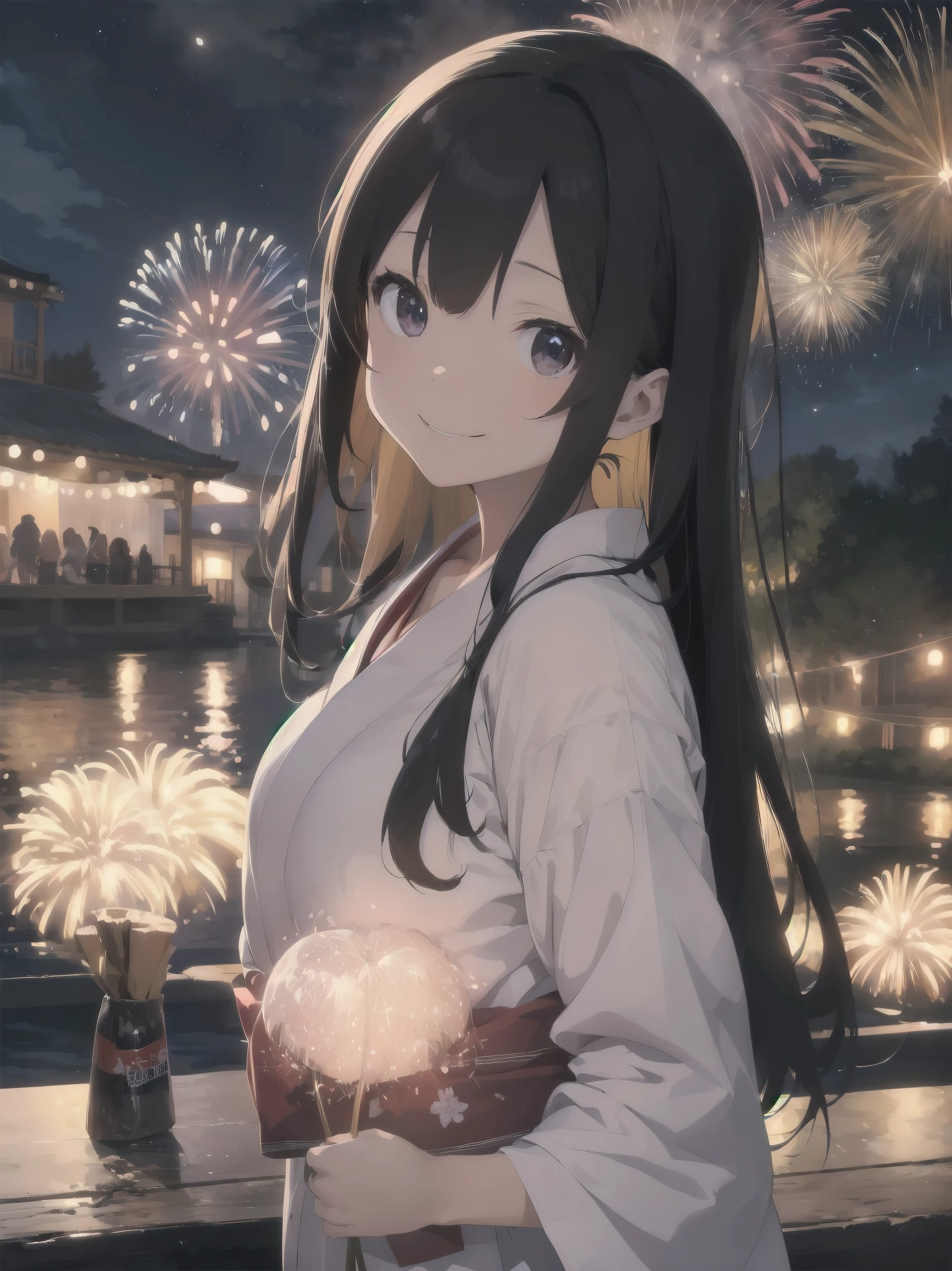 （Fireworks at night and a girl、yukata、fan、Looking up at the fireworks）
As large fireworks bloom in the summer night sky、yukataを纏った少女がfanを手に持ち、They cheer and look up.。彼女のyukataの鮮やかな色が夜の暗闇に映え、The light of the fireworks gently illuminates your face。fanを振りながら、Countless stars and fireworks reflected in her eyes、Blending in with the night sky。The excitement of the festival spreads all around、Her smile brightens up the place even more.。