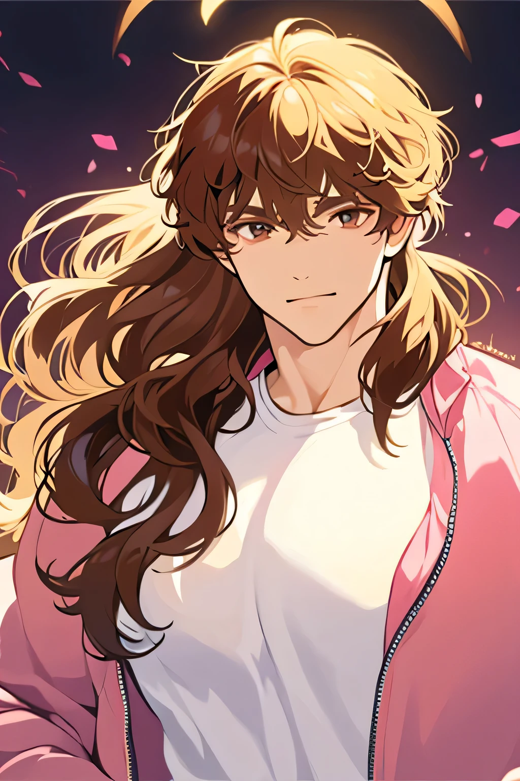 Longt wavy hair, white shirt,pink jacket, young male, brown eyes, night time, brown hair, smirk, golden crown, huge bulge