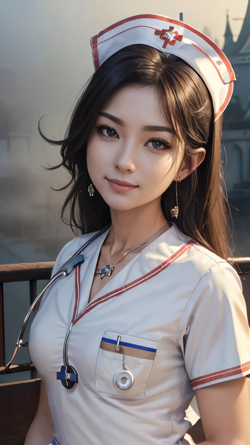 ((Biologically correct limb count))、Cowboy Shot，4K、masterpiece、((Focus on the face))、((Symmetrical facial features))、Eyes of meticulous depiction、Beautiful woman、Great style、Detailed depiction of the face、Small earrings、necklace、((Cowboy Shot写真))、(Nurse uniform:1.5)、Scenery of the old castle、（Low Angle）、(smile)、((The surrounding area is shrouded in a thick morning mist.)、I can&#39;t see anything around me)、(Black clothes:1.5)
