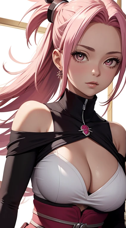 masterpiece, The best quality at its best, One girl, Sakura haruno, Big Breasts,Off-the-shoulder outfit,(Cleavage),(Upper body close-up),Raised to be sexy,I'm shy,smile,Pink Hair, Long white hair, (Green eyeball:1.4), Forehead Protection, Cherry tree,Fluttering cherry blossoms,Red clothes,Zipper half