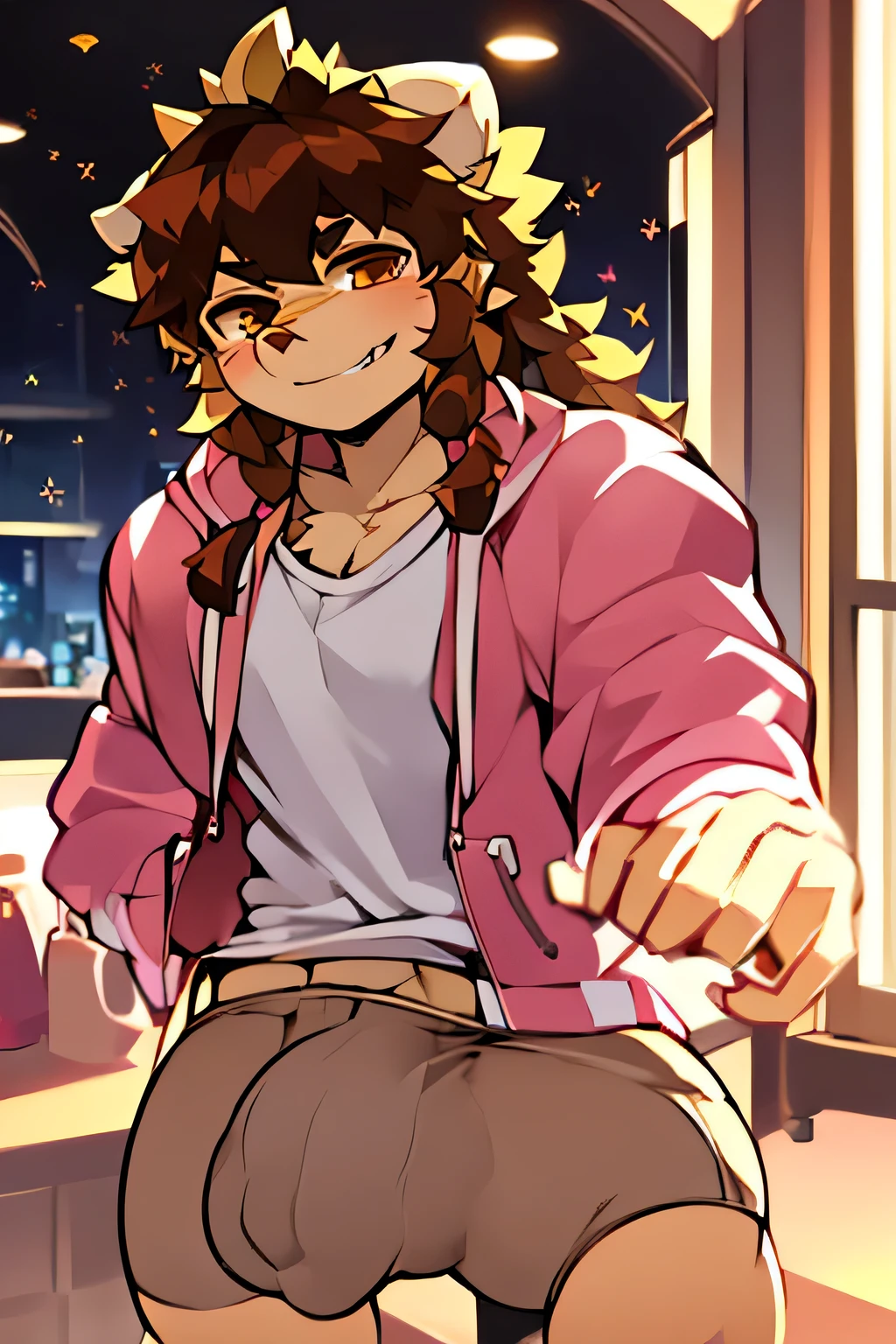 Longt wavy hair, white shirt,pink jacket, young male, brown eyes, night time, brown hair, smirk, golden crown, huge bulge