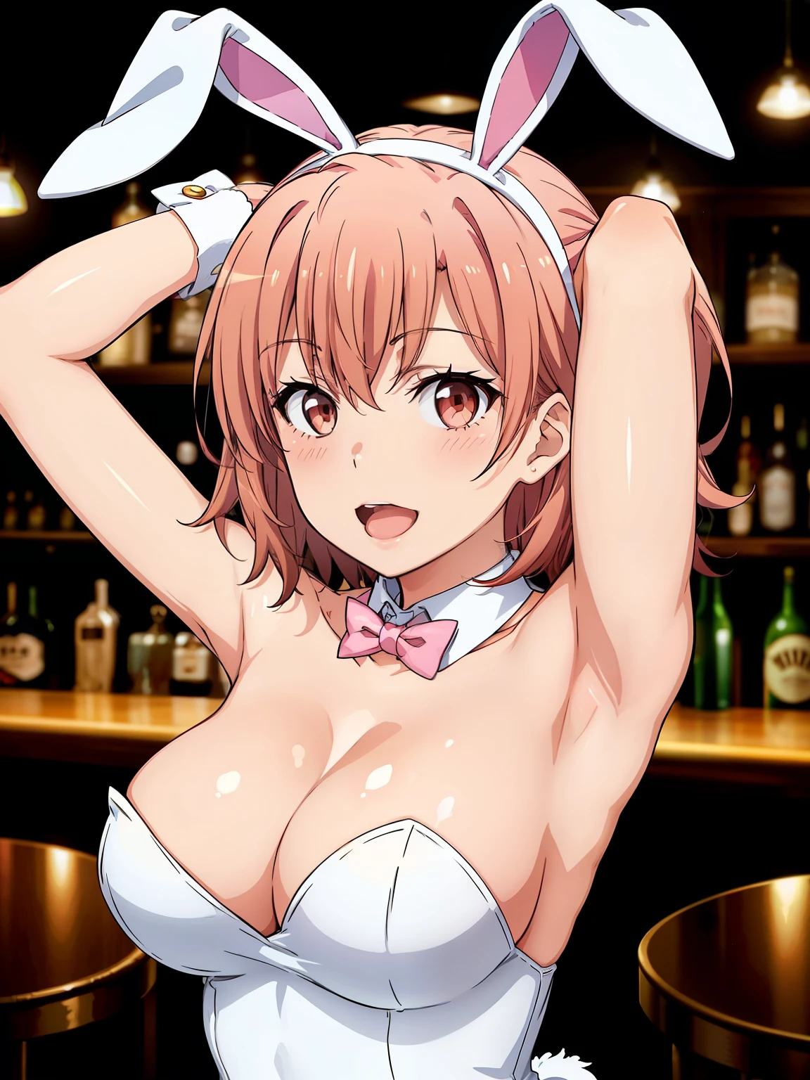 ((highest quality, High resolution,  Perfect Pixel,  4k)), (1 girl),  (Beautiful Anime Girls), 
Watching the audience, 
Perfect body, 

yuigahama yui, Big Breasts、Detailed eyes、Brown eyes、Glowing Skin、Armpit、

(blush:1.1)、smile、Open your mouth a little、

cleavage, bare shoulders, 
playboy bunny, 
white leotard, strapless leotard, pink bowtie, detached collar, 
rabbit ears, fake animal ears, white ears, 
Focus on the chest、
Selfie、arms up, 
Girls Bar、Dim lighting、