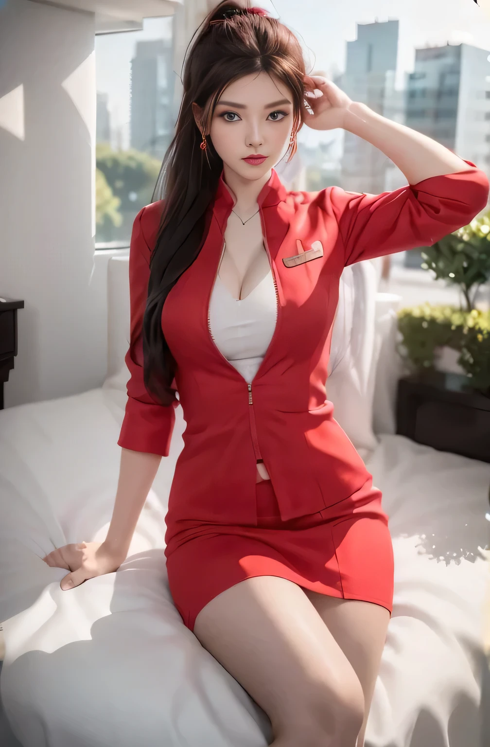 AirAsia red jacket uniform、Long hair down to the legs、Dark brown hair、Hair tied up、Tie your hair back in a ponytail、ponytail、Red rubber band、Luxury earrings、Captivating look、Blue Eyes、22 year old Asian female
