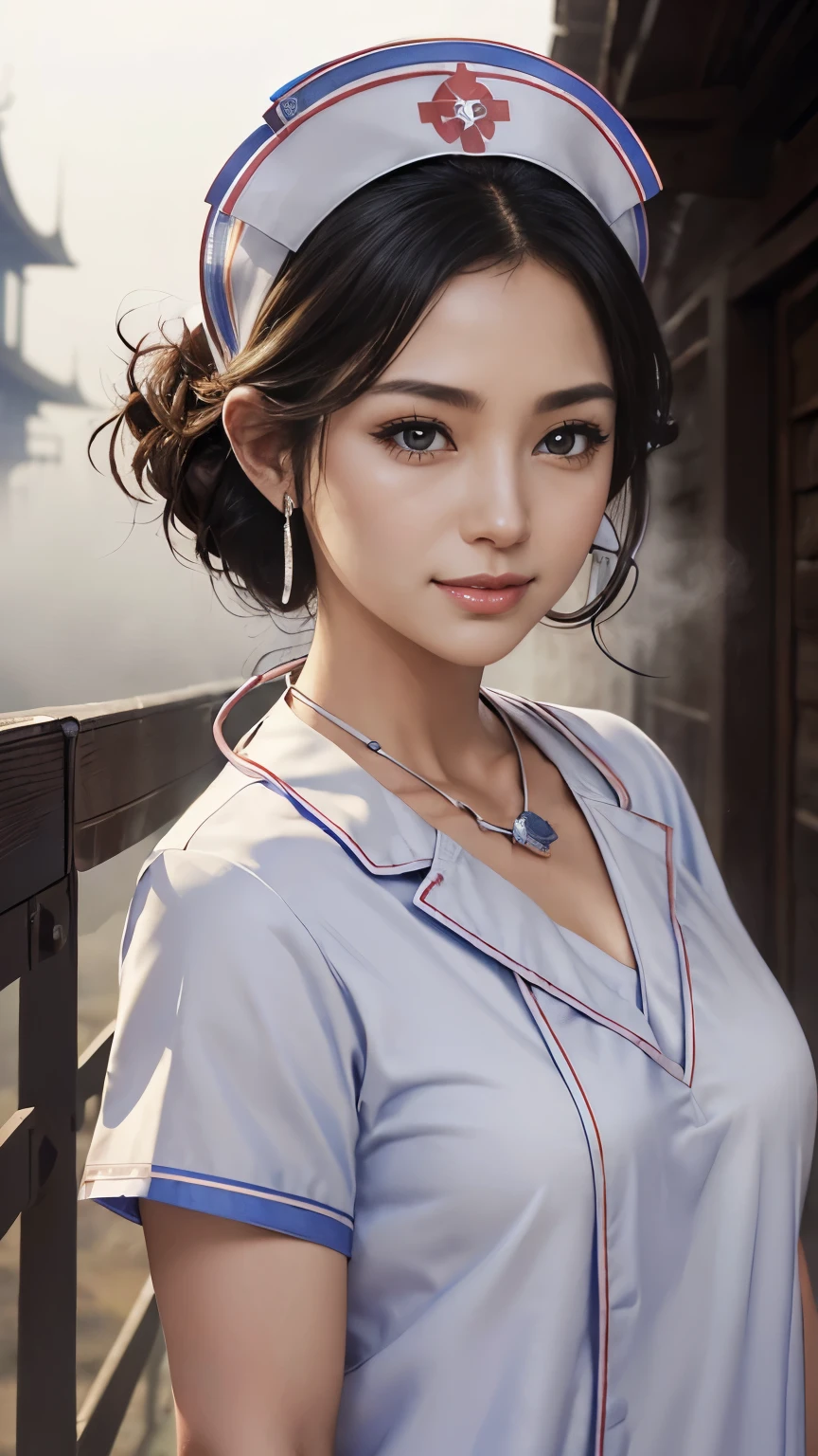 ((Biologically correct limb count))、Cowboy Shot，4K、masterpiece、((Focus on the face))、((Symmetrical facial features))、Eyes of meticulous depiction、Beautiful woman、Great style、Detailed depiction of the face、Small earrings、necklace、((Cowboy Shot写真))、(Nurse uniform:1.5)、Scenery of the old castle、（Low Angle）、(smile)、((The surrounding area is shrouded in a thick morning mist.)、I can&#39;t see anything around me)、(Black clothes:1.5)