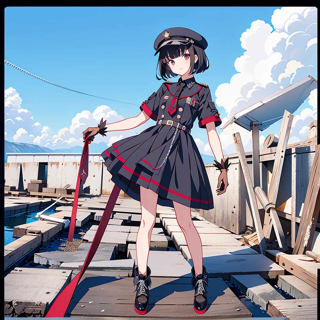 1girl、highest quality、vtuber-fullbody、Milky white short hair、Masterpiece、Official Art、The best composition、Standing in front of the viewer、Simple Background、Black and red gothic military、m1l1t4ry, necktie, black gloves, black dress, peaked cap, puffy dress, short sleeves,