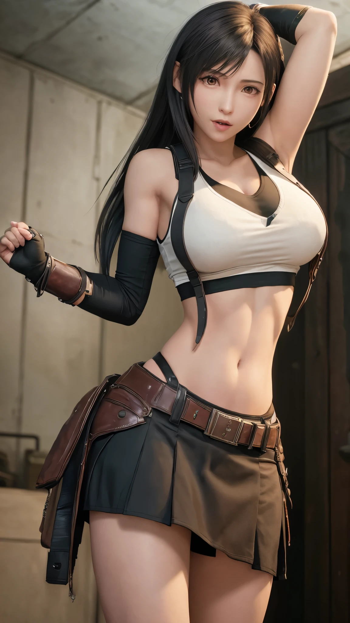 ff7r style,
tifa lockhart, 1girl, thick lips, arm up, armpits, artist name, belt, black hair, breasts, red eyes, cleavage, closed mouth, collarbone, cowboy shot, crop top, earrings, elbow gloves, elbow pads, gloves, jewelry, large breasts, lips, long hair, low-tied long hair, midriff, navel, indoors, skirt, smile, solo, stomach, suspenders, tank top, upper body, ((masterpiece))