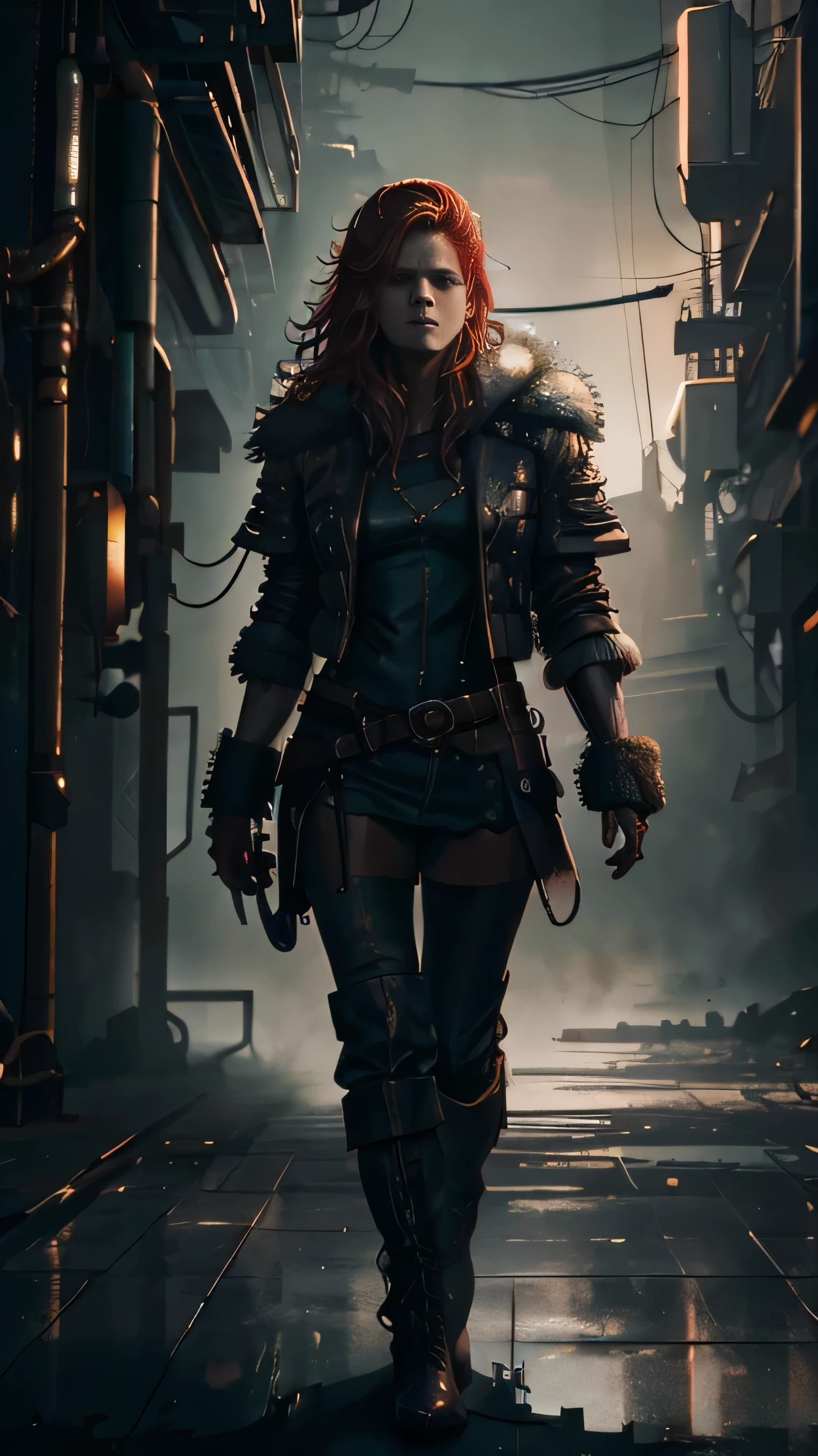 (сyberpunk style), neon, (Rose Leslie) as Ygritte, fur сyberpunk mini coat, сyberpunk leather boots, standing, in a сyberpunk city, (1woman), (solo), (full body view), beautiful detailed glow, detailed, cinematic light, intricate detail, realistic, highres, detailed facial features, high detail, sharp focus, smooth, aesthetic, extremely detailed, stamp, octane render