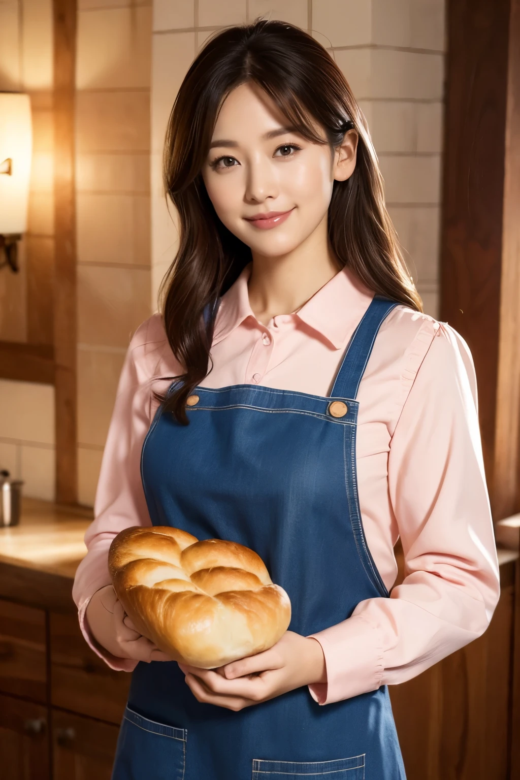 Medium Size Display, Medium Shot, Written boundary depth, bust, cowboy shot,, Movie angle, masterpiece, highest quality, Very detailed, CG, 8k wallpaper, Beautiful Face, Delicate eyes, Otome, alone, smile, pink Apron、Long sleeve blouse、Holding bread in both hands