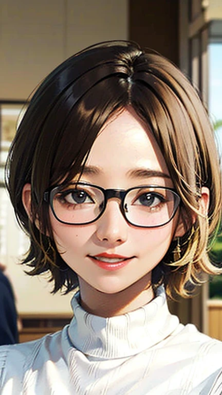1 female, /(Tight sweater/) V-neck, Mature Woman, /((((short hair、Light brown hair、Blonde hair)))) Beautiful forehead, Stylish Glasses、Large Breasts、Bright red lips、A gentle blushing smile, (Masterpiece of the highest quality:1.2) Delicate illustrations, super detailed,  /(Modern house living room/) indoor