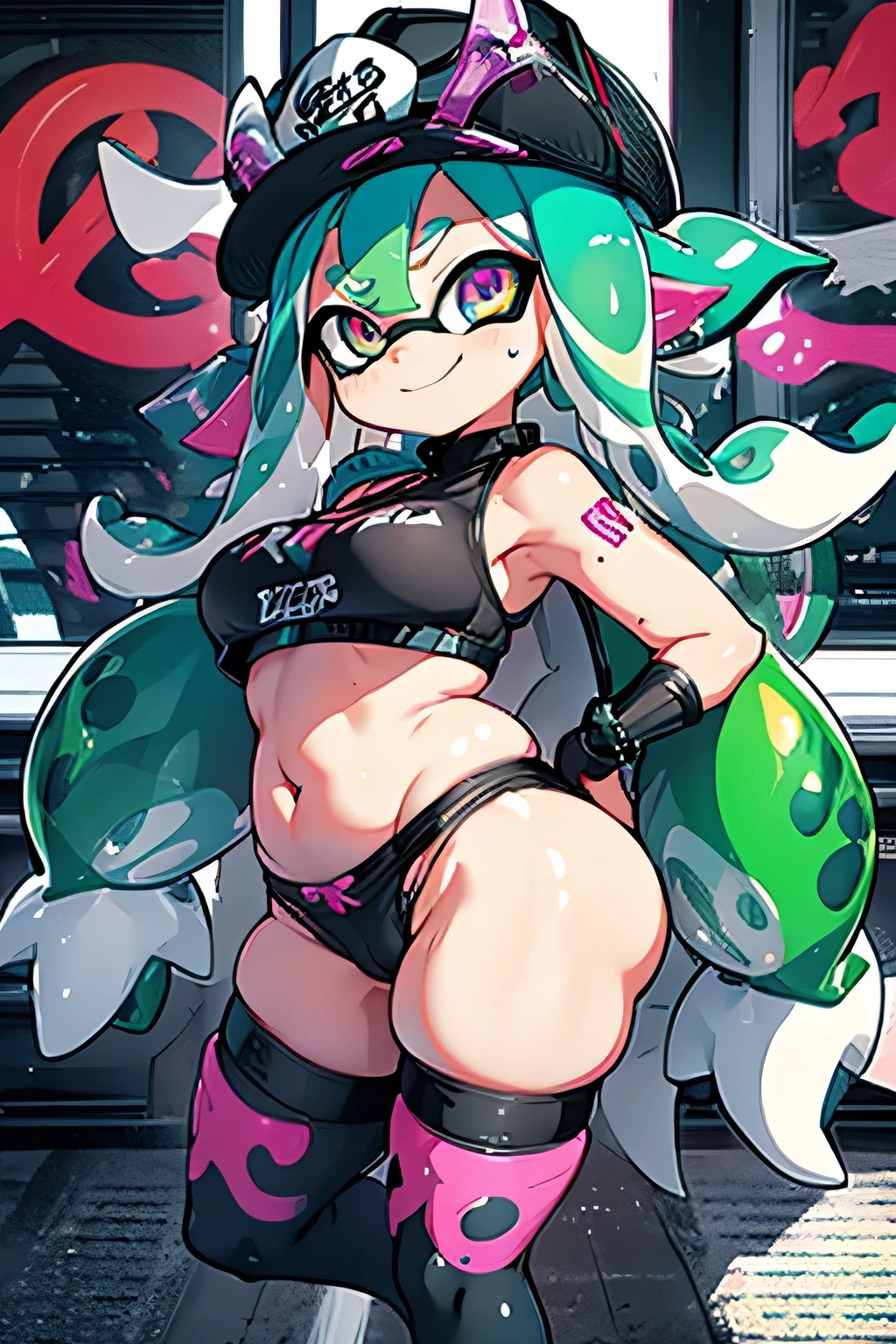 Erotic Anime Illustration、highest quality、Sex Appeal、Downtown Festival、smile、Road surface covered with graffiti、Selling aphrodisiacs、Splatoon、Plump gal covered in paint、Perfect proportions、Very large breasts、Exposed nipples、Fatty legs、Big Ass、Beautiful, shining eyes、Exposing the vagina、Sweaty、Cowboy Shot、Hatsune Miku