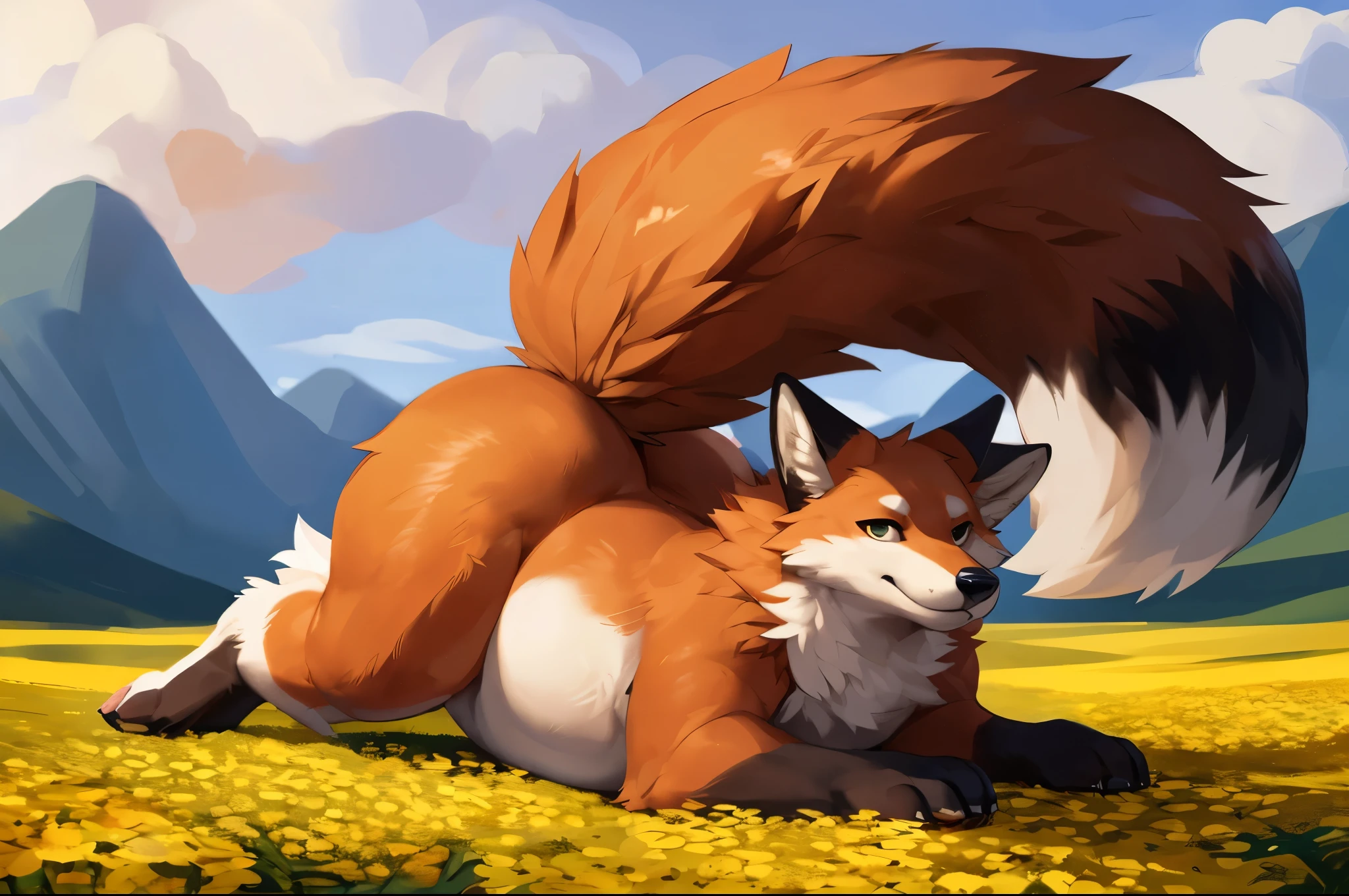 4k ultra quality, 4k full body view,(ultra high detailed body),((feral)) fox,by mystikfox61, by glitter trap boy,feral paws, by bebebebebe,by morethreedee, by seibear,(thick thigh),(chubby thigh),thicc thigh,thick legs,chubby legs,thicc legs,massive butt,enomorous thigh,massive thigh,massive legs,thick lower legs,wide legs,(detailed thigh),(wide thigh),fluffy belly sharp nails,((sfw)),(ultra detailed face),detailed eyes,big tail,fluffy tail,(detailed tail),enomorous tail,bigger tail,huge tail,volumetric light,big paws,(thick paws),fluffy paws,furry paws,enomorous paws,(feral focus), beast,(bigger lower body),(long legs),master works, super fine, 4k resolution, high quality,high picture detail,dark fantasy,illusory engine, Masterpiece,front view,dire fox,faint lighting,enomorous (feral) body,hyper belly,chubby (feral) body,white fur,flower field