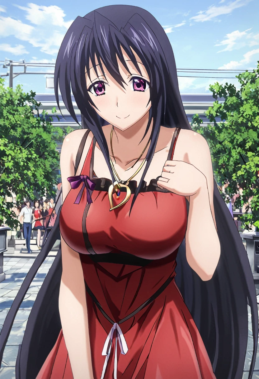 System Deep_Akeno, One girl, 一人in, length_hair, Looking_in_Audience, smile, big_chest, black_hair, ribbon, jewelry, very_length_hair, purple_eye, clavicle, heart, Outdoor, null, Day, cloud, necklace, red_dress,  