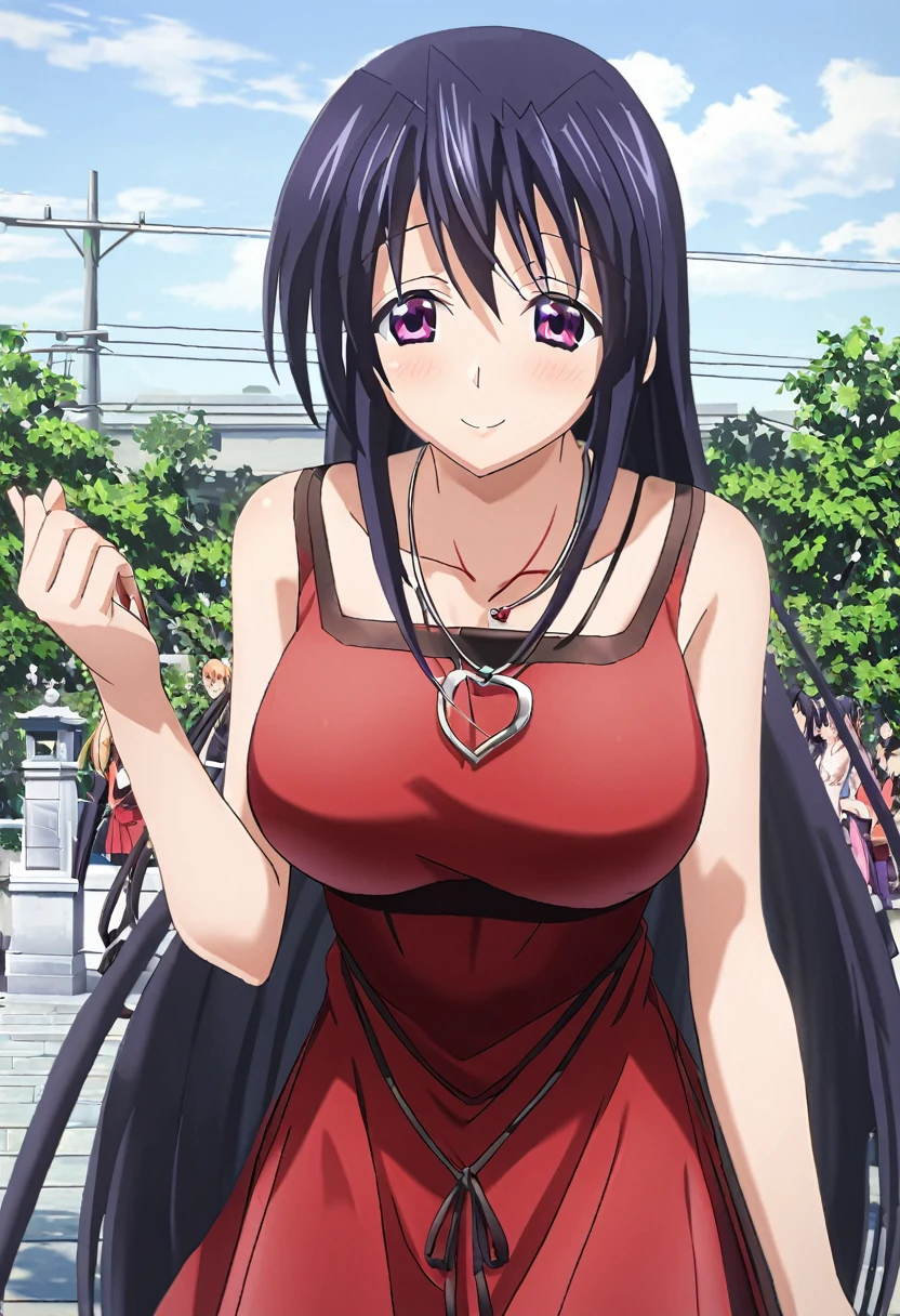 System Deep_Akeno, One girl, 一人in, length_hair, Looking_in_Audience, smile, big_chest, black_hair, ribbon, jewelry, very_length_hair, purple_eye, clavicle, heart, Outdoor, null, Day, cloud, necklace, red_dress,  