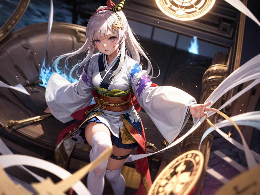 One girl, kimono, ponytail ,Gray Hair, Purple eyes, magic circle, Blue Fire, Blue Flame, wallpaper, landscape, Blood, Blood splatter, Depth of written boundary, night, Particles of light, light, Side light, Thighs, destiny \(series), Open jacket, skirt, Knee socks, cloud