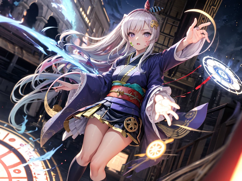 One girl, kimono, ponytail ,Gray Hair, Purple eyes, magic circle, Blue Fire, Blue Flame, wallpaper, landscape, Blood, Blood splatter, Depth of written boundary, night, Particles of light, light, Side light, Thighs, destiny \(series), Open jacket, skirt, Knee socks, cloud