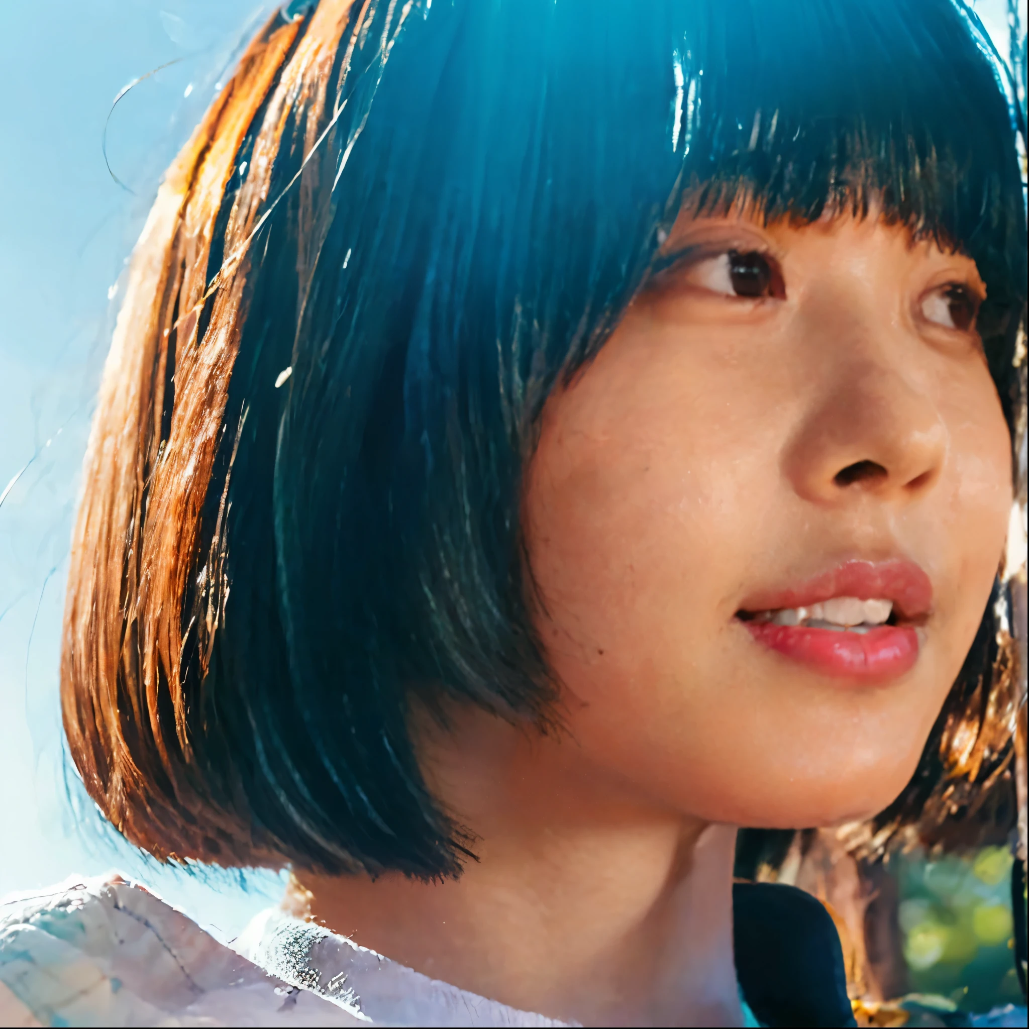 best quality, photo realistic, (upper body:1.2), (from front:1.2), look at viewer, turn to face the front, green soccer uniform, 1 woman, japanese woman, 23 years old, super detailed skin, pale skin, short hair, shy smile, standing, (small breasts:1.2), sky background, daytime, ultra high res, professional lighting, hyperdetailed