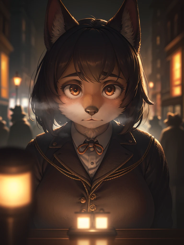 (Extreme Perspective:0.75) , Depth and foreground , rule of thirds , old Cine Lenses , Bokeh , realistic hairy fur , round face , round eyes , Swollen cheeks , hair ties , 1900s Foggy London city , Sherlock Holmes style movie , Detective women and Journalist , (emerge from the shadows:1.2) , look at away , (peeping out scene)