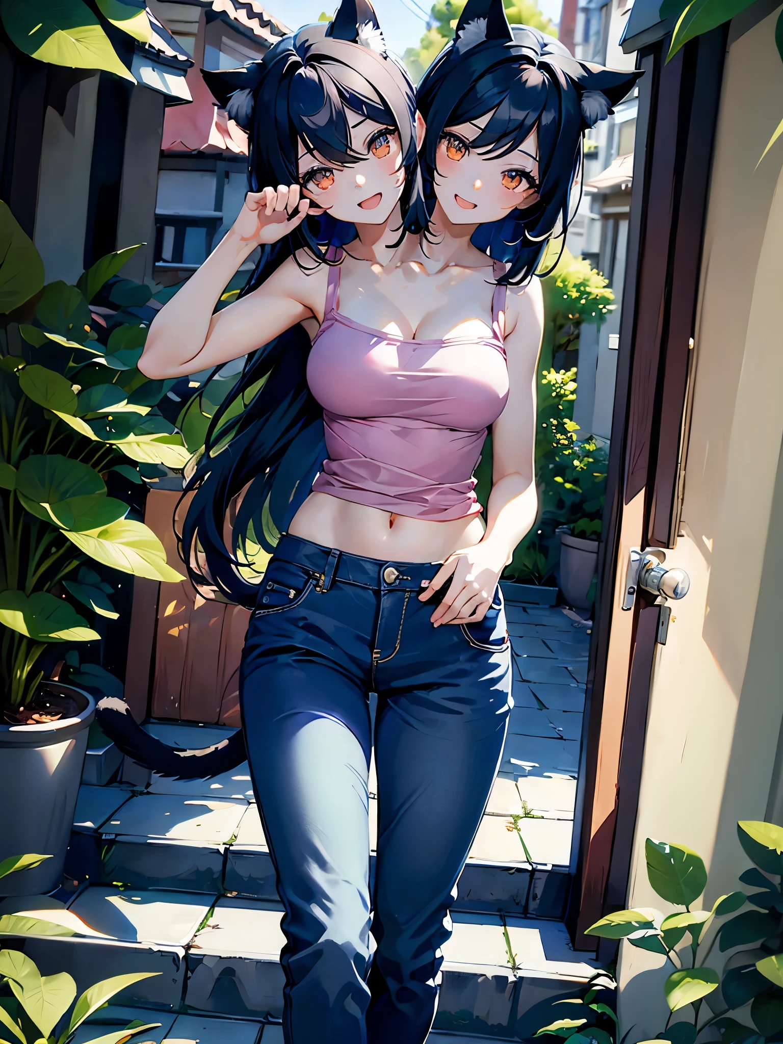 (masterpiece, best quality), best resolution, (2heads:1.5), 1girl, catgirl with two heads, black hair, cat ears, different hair lengths, right head has long hair and left head has short hair, brown eyes, open mouth, happy, sassy, playful, talking to the viewer, one hand on hip, waving at the viewer, cat tail, pink tank top, blue long pants, suburban street