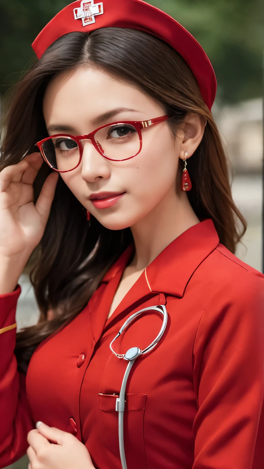 ((Biologically correct limb count))、Cowboy Shot,4K、masterpiece、((Focus on the face))、((Symmetrical facial features))、Eyes of meticulous depiction、Beautiful woman、Great style、Detailed depiction of the face、Small earrings、necklace、((Cowboy Shot写真))、(Red nurse uniform:1.5)、Scenery of the old castle、(Low Angle)、(smile)、((The surrounding area is shrouded in a thick morning mist.)、Glasses、(Red clothes:1.5)