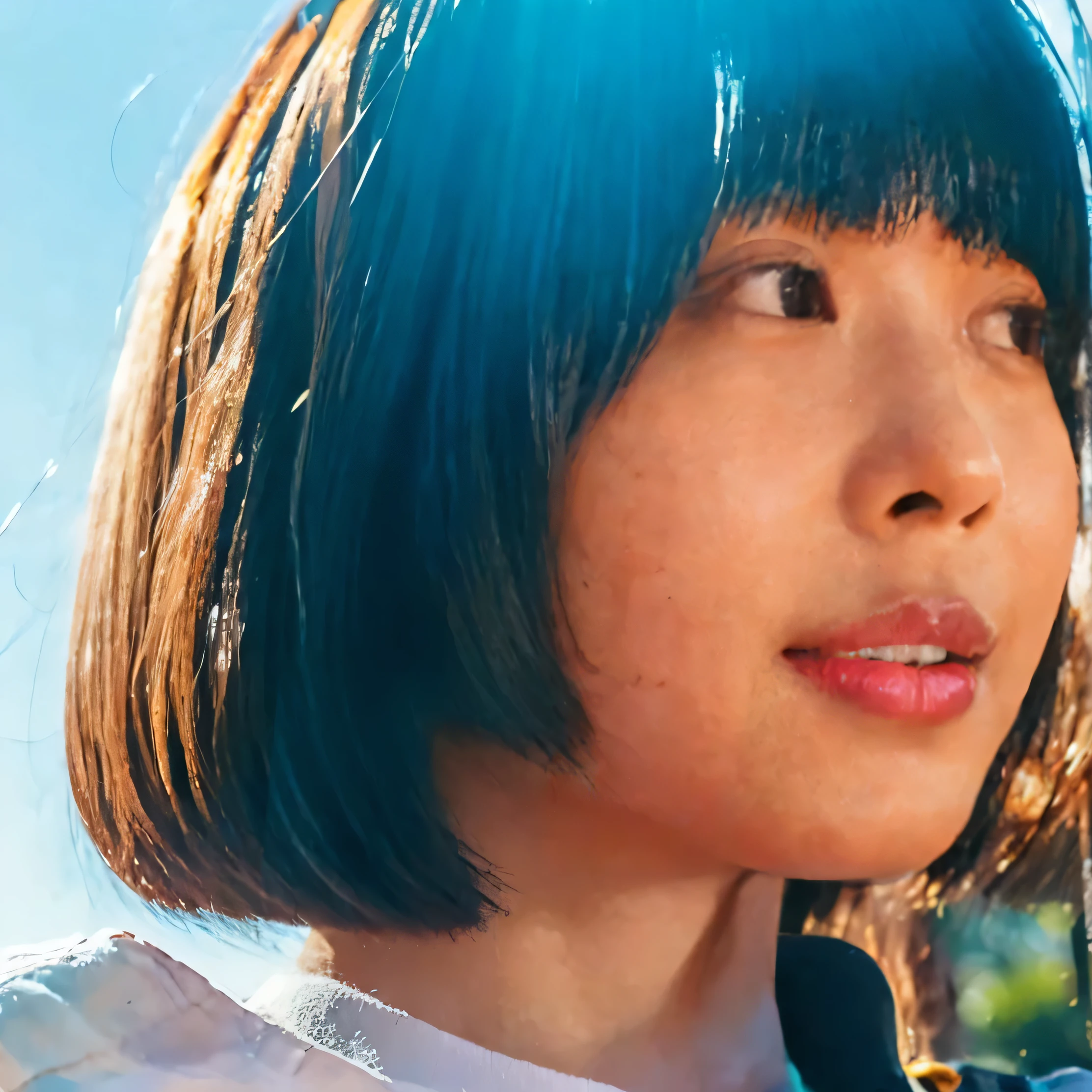 best quality, photo realistic, (upper body:1.2), (from front:1.2), look at viewer, turn to face the front, green soccer uniform, 1 woman, japanese woman, 23 years old, super detailed skin, pale skin, short hair, shy smile, standing, (small breasts:1.2), sky background, daytime, ultra high res, professional lighting, hyperdetailed