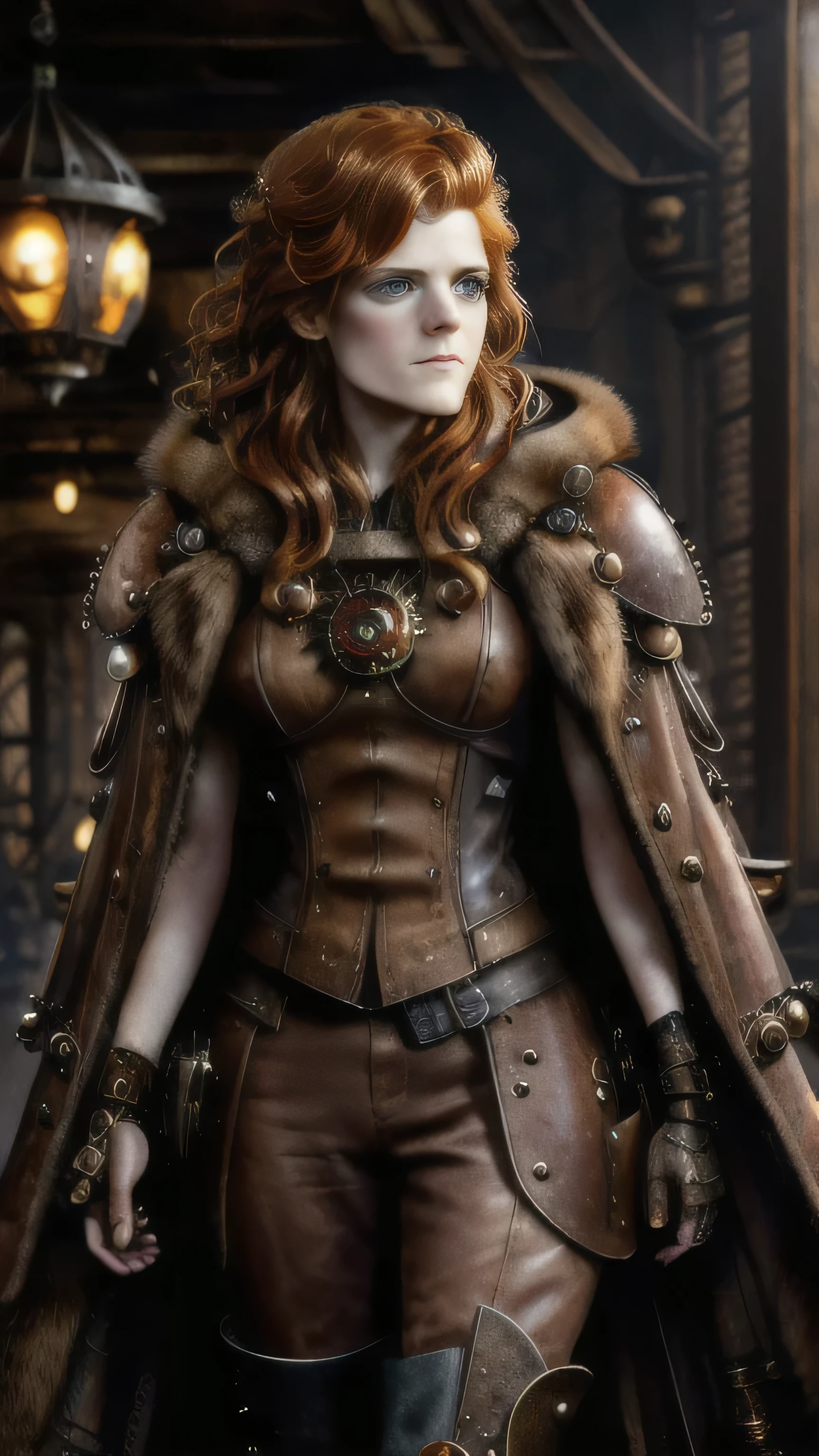 steampunkai, (Rose Leslie) as Ygritte, fur steampunk coat, steampunk leather boots, standing, in a steampunk city, (1woman), (solo), (full body view), beautiful detailed glow, detailed, cinematic light, intricate detail, realistic, highres, detailed facial features, high detail, sharp focus, smooth, aesthetic, extremely detailed, stamp, octane render