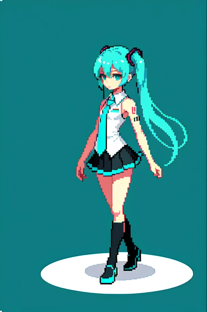 (masterpiece, Top quality, best quality), Pixel,Pixel art,1 Girl, Hatsune Miku,whole body,walk,side