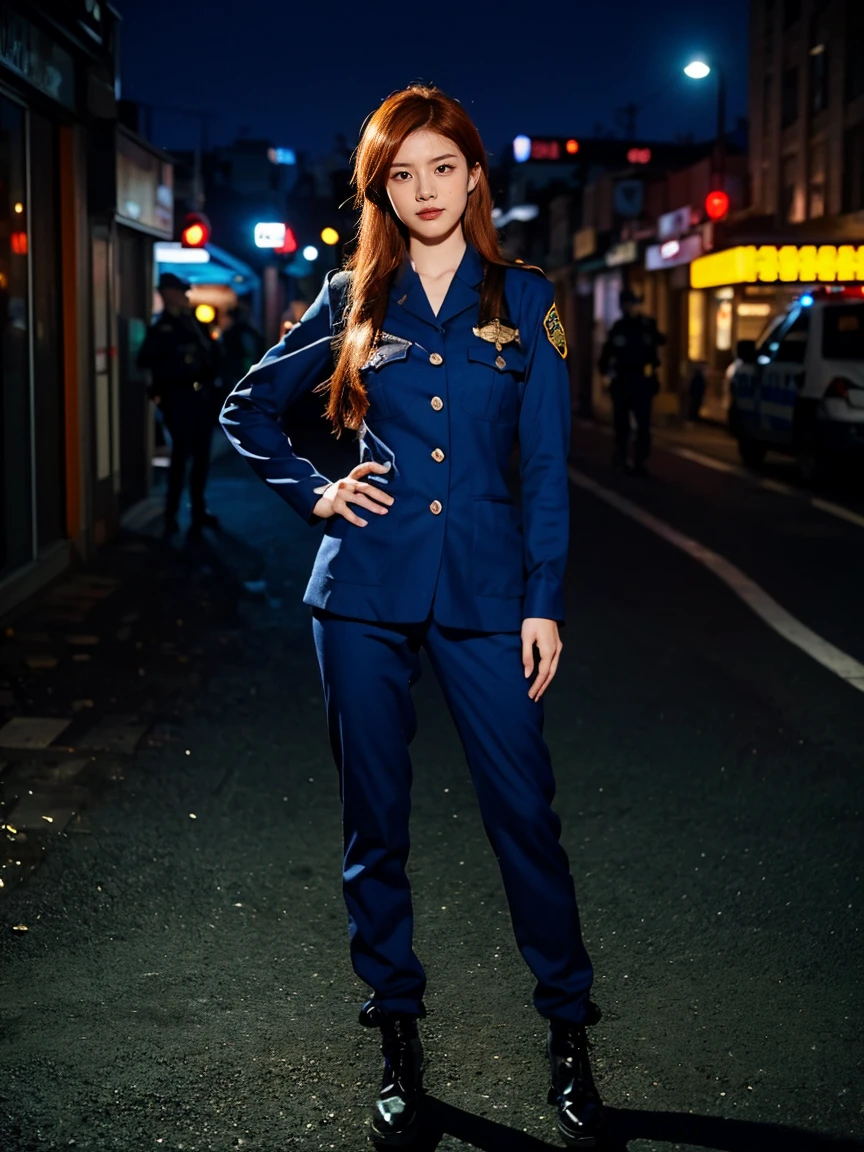 (1 lady), (Best quality at best:1.4), (ultra - detailed), (extremely detailed CG unified 16k), A Beautiful Woman with Perfect Figure: 1.4, Sharp Focus: 1.2, very detailed, High-definition RAW color photo, professional photoshooting, amazing face and eyes, cosmetics, (amazingly beautiful girl), ((asuka)), ((police uniform, whole body police uniform, long sleeves blue navy shirt, police uniform blue navy pants)), standing, sexyposture,(Dark and stylish urban landscape, city lights, city lights:1.3), (look from down), realistic cinematic face, head to feet long wide zoomed out view, full body long view, photorealistic, ((realistic natural orange redhair style, blue eyes, long hair)), gorgeous, extremely beautiful face, perfect model beauty, pout mouth, Highly Detailed Face and Skin Texture, Detailed Eyes, Double Eyelids, Medium Breasts, Smile, cleavages, western, (masterpiece), best quality, high resolution, extremely detailed, blurred background, depth of field, cinematic lighting, amazing legs, combat boots, clear and well-cared skin, (((woman occupies most of the picture))), (photorealistic colors, photography colors)