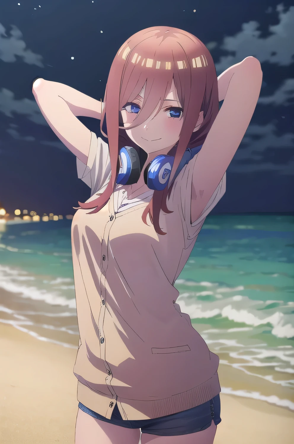 solo, 1girl, looking at viewer, 2D, anime, anime coloring, miku nakano, cardigan, headphones around neck, solo, night sky, beach, arms behind head, contrapposto, closed mouth, upper body, looking at viewer, smile,