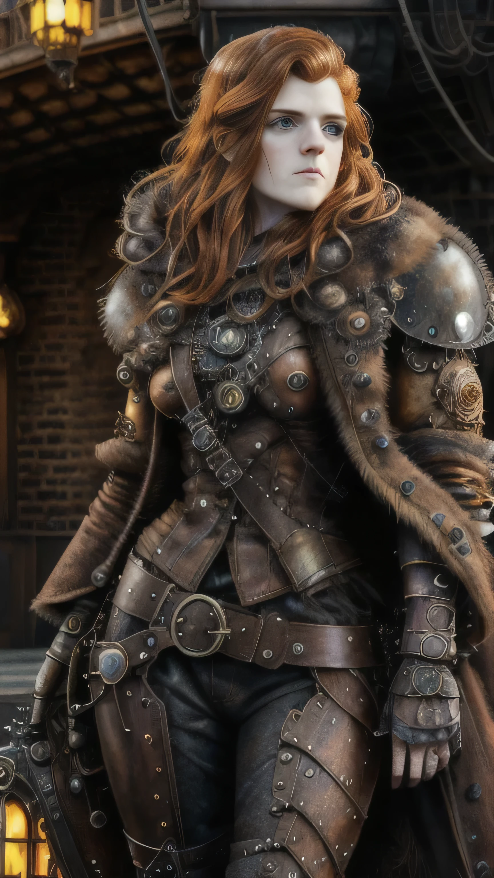 steampunkai, (Rose Leslie) as Ygritte, fur steampunk coat, steampunk leather boots, standing, in a steampunk city, (1woman), (solo), (full body view), beautiful detailed glow, detailed, cinematic light, intricate detail, realistic, highres, detailed facial features, high detail, sharp focus, smooth, aesthetic, extremely detailed, stamp, octane render