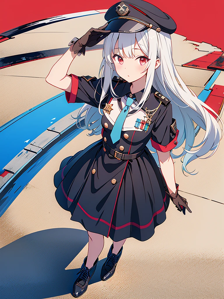 1girl、highest quality、vtuber-fullbody、Long hair with a milky white color on top and a blue gradation as it goes down、Masterpiece、Official Art、The best composition、Standing in front of the viewer、Simple Background、Black and red gothic military、m1l1t4ry, necktie, black gloves, black dress, peaked cap, puffy dress, short sleeves,