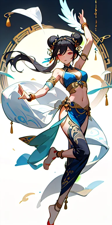 Ancient Chinese Beauties, Dancing, Luxurious costumes with intricate embroidery, Long, transparent, colored streamers wrapped around the arms, elegant, Exposed navel, Exposing shoulders, Exposed neck, wreath, Black hair bun and flower hairpin headband, The armband is tied with a ribbon, bracelet, anklet, Metal chain tassels around the waist, Art of Mogao Grottoes, Inspired by the murals of flying celestial women from Dunhuang, Ink painting, cgstation pop --v 6