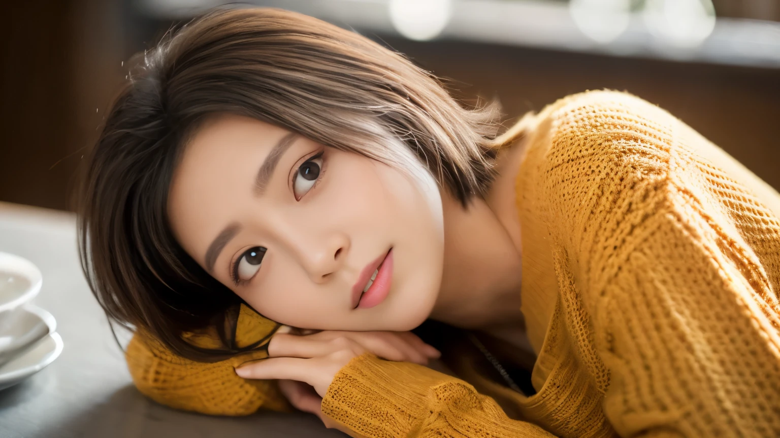 (highest quality、8K、32k、masterpiece、nffsw:1.2)、cute japanese women photos、big and full breasts、very short bobbed hair、Upper body、surface focus、extra large_sweater、necklace、Background of the café、From above、Viewer looking x4、(8K、RAW photo、highest quality、masterpiece:1.2)、(realistic、Photoreal:1.37)、1 girl、cute、professional lighting、photon mapping、Physically based rendering、gradient brunette hair、short curly hair、Handsome、girly、excellent image quality、High resolution、1080p、(clean face)、(Detailed facial description)、(Detailed hand explanation)、(Masseter muscle part)、(Detailed CG)、 extreme light and shadow、hair is dirty、masterpiece、rich details、(exquisite features)、(best image quality)、(masterpiece)、(detailed eye)、looking forward to your eyes、delicate clavicle、Various poses、Don'don't watch the mela、profile、Photographed inside the cafe、Spring clothes、simple necklace、light blue knit