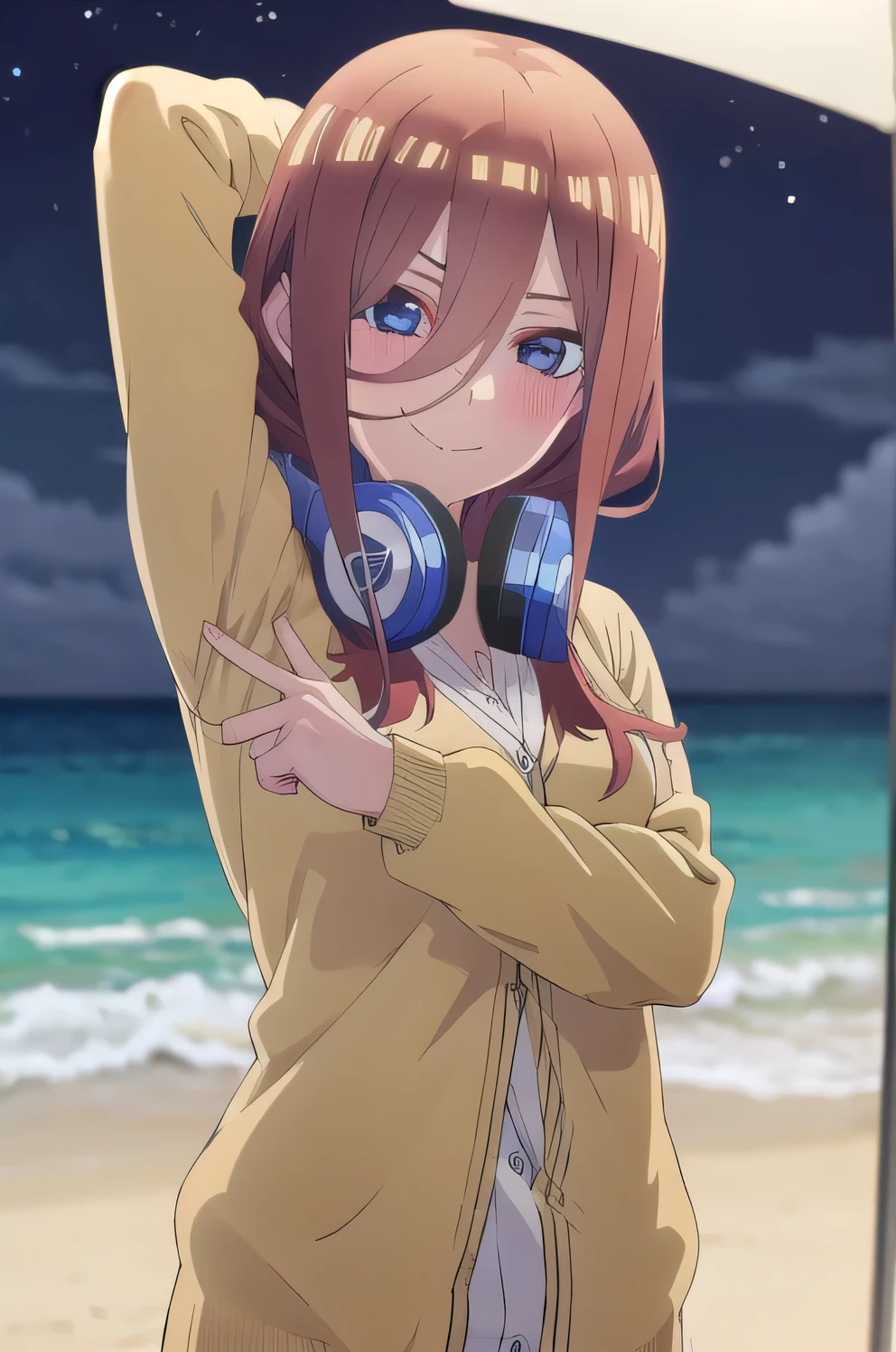 miku nakano, solo, 1girl, looking at viewer, 2D, anime, anime coloring, cardigan, headphones around neck, solo, night sky, beach, arms behind head, contrapposto, closed mouth, upper body, looking at viewer, smile, spread armpits,
