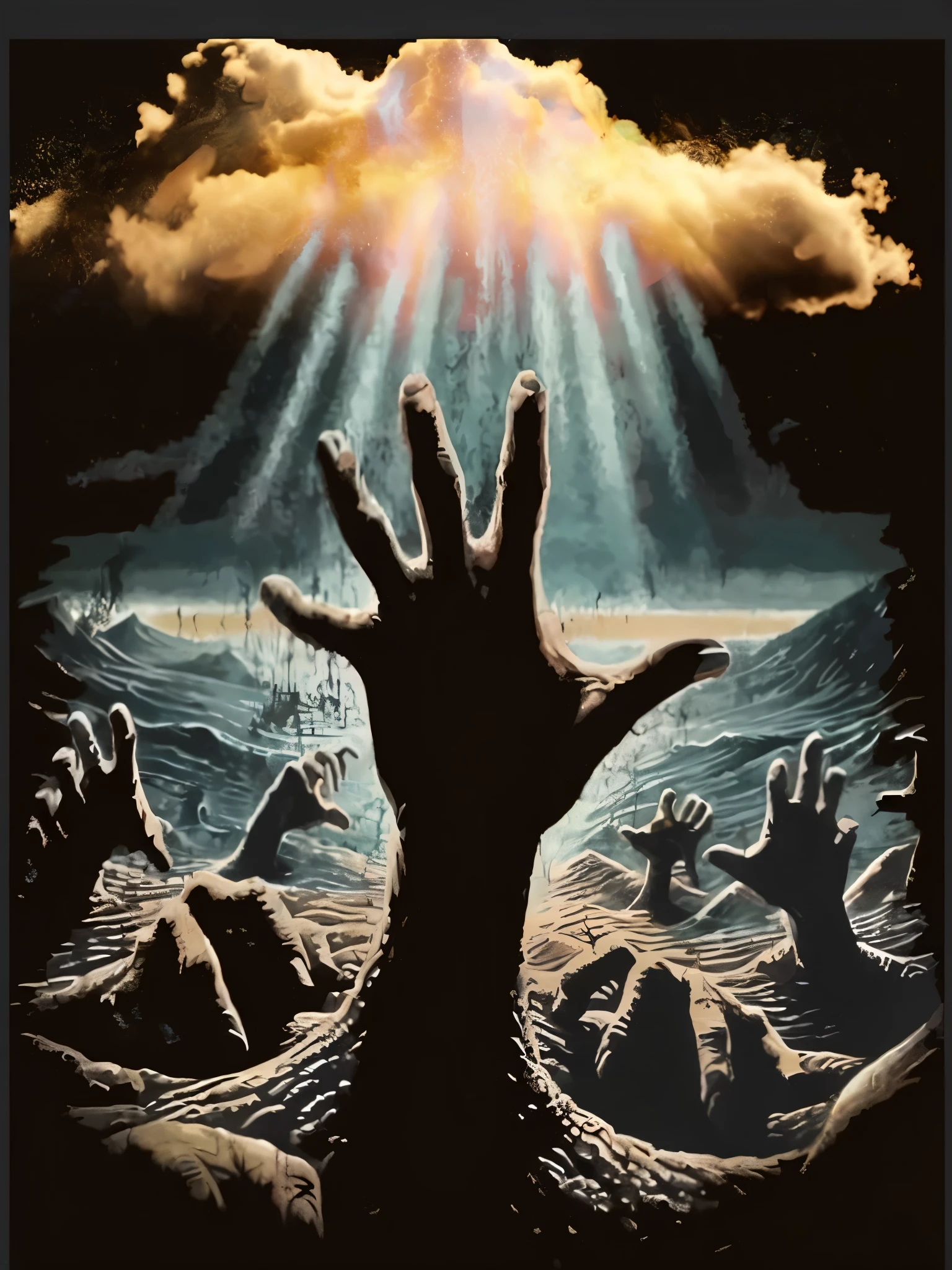 arafed hand reaching out of the water with a sky background, grasp of darkness!!!, apocalypse art!!!!, finger of god, reaching towards the heavens, lovecraftian hellscape, by Zoran Mušič, detailed cover artwork, apocalypse art, harrowing apocalyptic atmosphere, bible illustration, apocalyptic tumultuous sea, hell scape, dramatic illustration