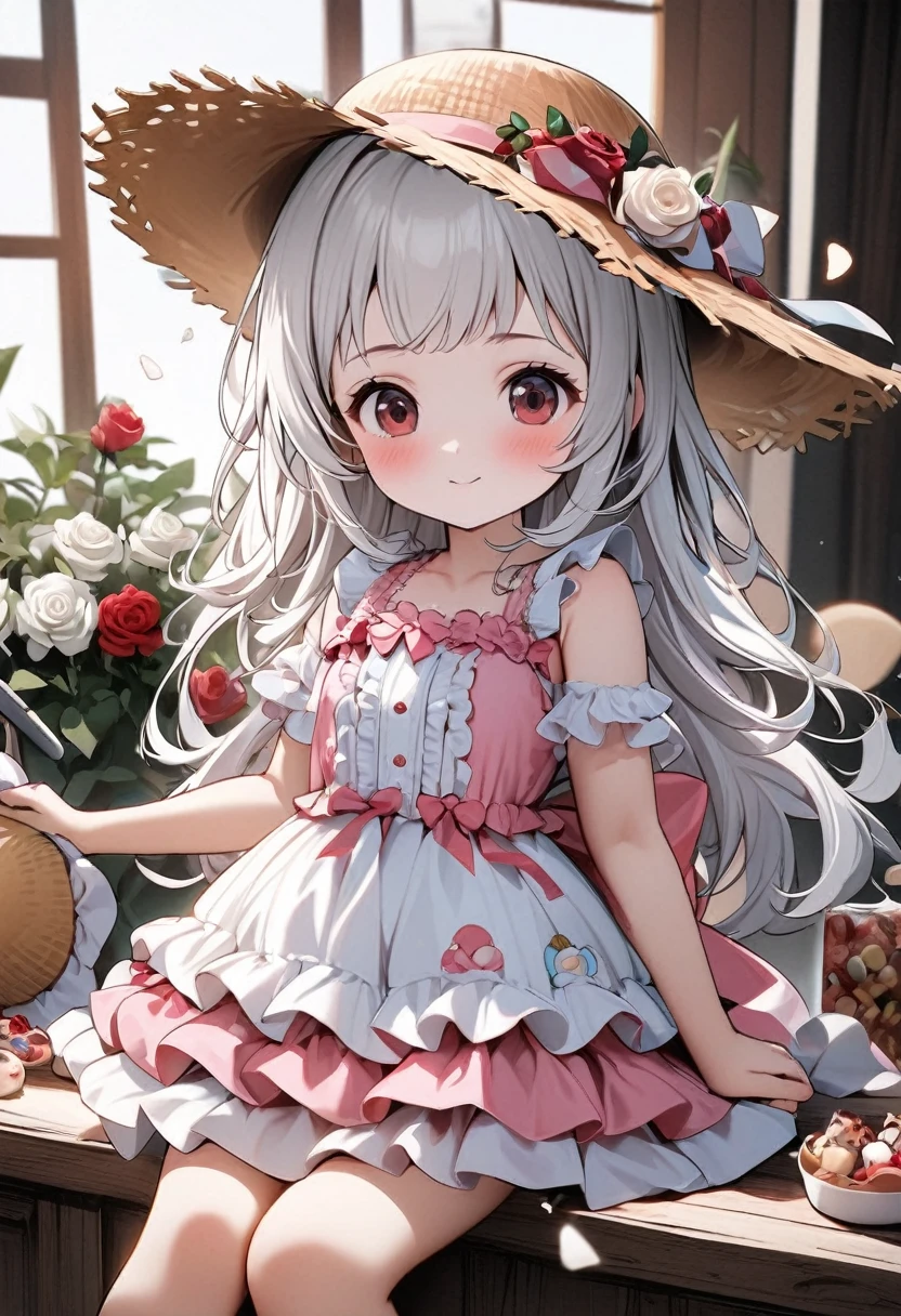 High quality, high definition, hig
h precision images,8k 1 Girl 、long white hair,、She is wearing a cute pink frilly outfit and a straw hat.cute A house made of small sweets, all around Red roses and white roses are blooming,
Many little angels are flying around her.
