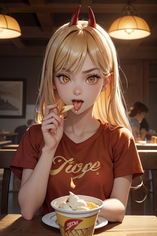 Masterpiece, best quality, best illustration, HDR, beautiful details, intricate details, detailed scenery, dramatic light, best diner shadow. 1 girl, Power, focus only, smug, happy, (Hatome:1.1), ahoge, (ice cream in cone, licking ice cream, tongue, open mouth:1.1), (red horns:1.2), (bangs, blonde hair, hair with highlights), wearing red cropped t-shirt, denim shorts, (beautiful and detailed yellow eyes: 1.2), (beautiful and detailed face with perfect symmetry), (body with perfect anatomy, perfect natural texture, high details, glowing skin), lighting cinematic, vivid colors, depth of field.