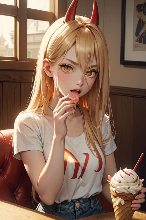 Masterpiece, best quality, best illustration, HDR, beautiful details, intricate details, detailed scenery, dramatic light, best diner shadow. 1 girl, Power, focus only, smug, happy, (Hatome:1.1), ahoge, (ice cream in cone, licking ice cream, tongue, open mouth:1.1), (red horns:1.2), (bangs, blonde hair, hair with highlights), wearing red cropped t-shirt, denim shorts, (beautiful and detailed yellow eyes: 1.2), (beautiful and detailed face with perfect symmetry), (body with perfect anatomy, perfect natural texture, high details, glowing skin), lighting cinematic, vivid colors, depth of field.