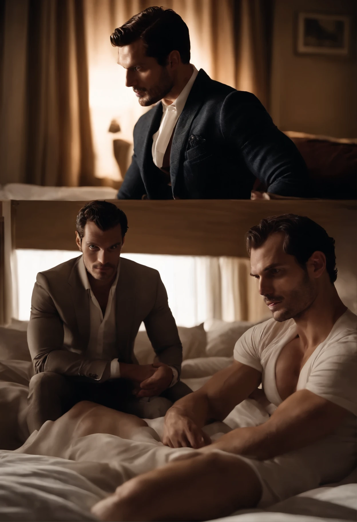 Jamie Dornan/Henry Cavill lookalike, and David Gandy/Henry Cavill lookalike, sitting on bed together with their legs spread looking at me passionately.