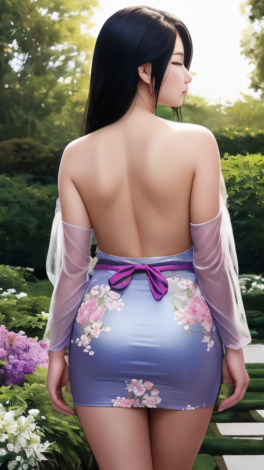 最high quality、high quality、Best image quality、8k、最High resolution、High resolution、最high quality、masterpiece、RAW Photos、whole body写真、Detailed and realistic human body、Detailed and realistic skin、Realistic face in every detail、Detailed and realistic eyes、Detailed and realistic lips、Detailed and realistic teeth、Detailed and realistic ears、Detailed and realistic hair、Realistic reproduction of every detail、((Beautiful Hands(thumb1、reference4))、Realistic feet down to the last detail、((Beautiful Japanese Girl))、(Japanese Model)、((18 year old beautiful girl))、(Black Hair)、(Random Hairstyles)、((whole body))、((Slim and perfect figure))、(Beautiful and firm breasts)、(whole body光沢肌、Fair skin)、Soft natural light、China dress、kimono、Ninja costume、Japanese tradition、Japanese garden、((Colorful see-through(Floral Ninja Costume))、((Back view in the garden(Poses to make your thighs look beautiful))