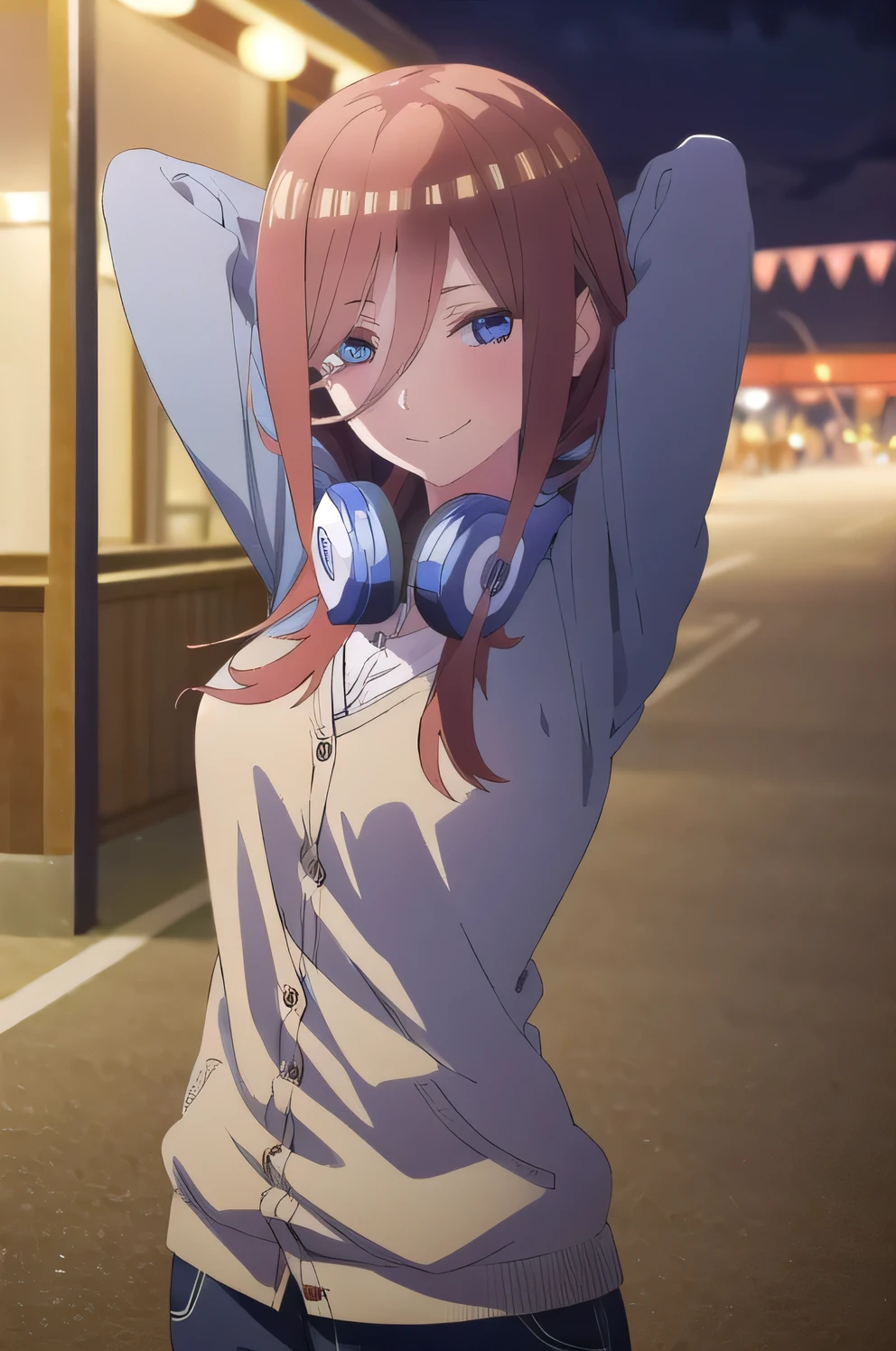 solo, 1girl, looking at viewer, 2D, anime, anime coloring, miku nakano, cardigan, headphones around neck, solo, night sky, beach, arms behind head, contrapposto, closed mouth, upper body, looking at viewer, smile,